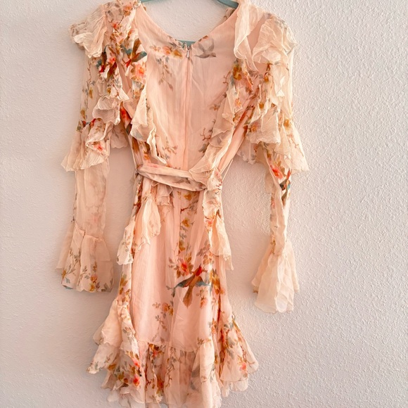 Zimmermann Floral Ruffle Mini Dress in Cream and Pink - Picture 3 of 6